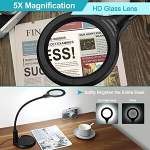 TOMSOO 5X Magnifying Glass with Light and Clamp, 5 Color Modes Stepless Dimmable Lighted Magnifier with Stand, Flexible Gooseneck LED Desk Lamp Hands Free for Craft Reading Painting Hobby Close Work