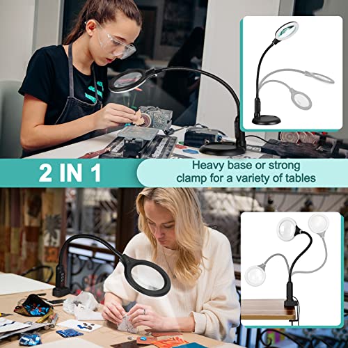 TOMSOO 5X Magnifying Glass with Light and Clamp, 5 Color Modes Stepless Dimmable Lighted Magnifier with Stand, Flexible Gooseneck LED Desk Lamp Hands Free for Craft Reading Painting Hobby Close Work