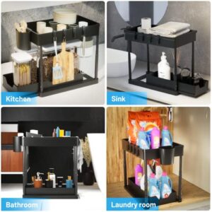 Seculiving Under Sink Organizer, 2 Pack Adjustable Height Pull-Out Under Cabinet Storage with 8 Hooks 2 Cups, 2 Tier Under Sink Organizers and Storage for Bathroom, Kitchen, Cabinet, Countertop