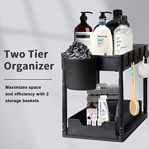 Seculiving Under Sink Organizer, 2 Pack Adjustable Height Pull-Out Under Cabinet Storage with 8 Hooks 2 Cups, 2 Tier Under Sink Organizers and Storage for Bathroom, Kitchen, Cabinet, Countertop