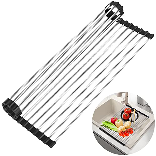 Cuteadoy Dish Drying Rack,18.5’’x13.3’’ Multipurpose Kitchen Roll Up Dish Rack Foldable Stainless Steel Drain Rack Over The Sink Drying Rack for Vegetable Fruit and Dish