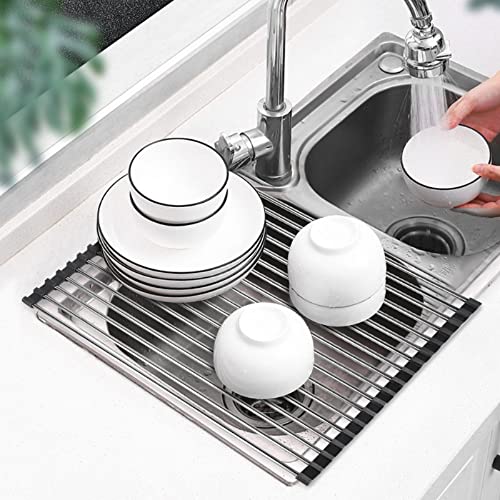 Cuteadoy Dish Drying Rack,18.5’’x13.3’’ Multipurpose Kitchen Roll Up Dish Rack Foldable Stainless Steel Drain Rack Over The Sink Drying Rack for Vegetable Fruit and Dish