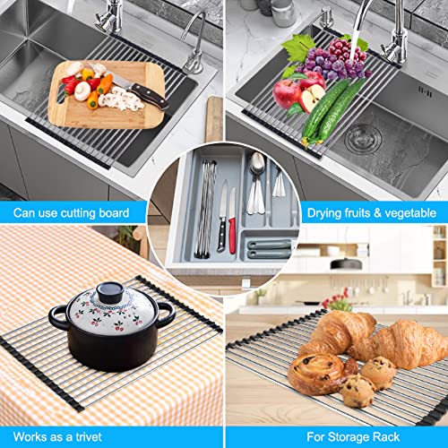 Cuteadoy Dish Drying Rack,18.5’’x13.3’’ Multipurpose Kitchen Roll Up Dish Rack Foldable Stainless Steel Drain Rack Over The Sink Drying Rack for Vegetable Fruit and Dish