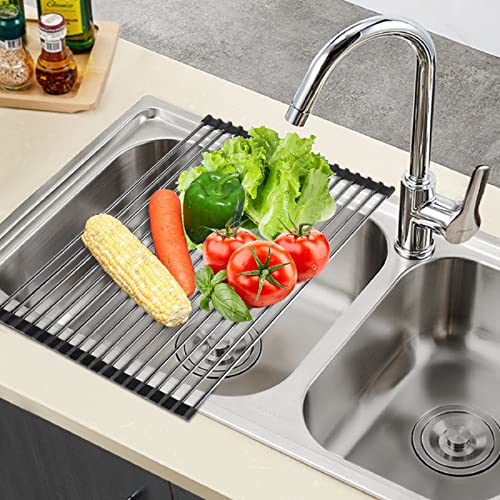 Cuteadoy Dish Drying Rack,18.5’’x13.3’’ Multipurpose Kitchen Roll Up Dish Rack Foldable Stainless Steel Drain Rack Over The Sink Drying Rack for Vegetable Fruit and Dish