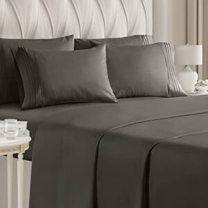 king size sheet set – 6 piece set – hotel luxury bed sheets – extra soft – deep pockets – easy fit – breathable & cooling sheets – wrinkle free – comfy – gray – grey bed sheets – kings sheets – 6 pc