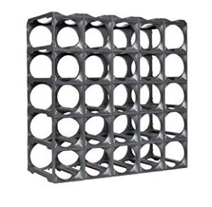 stackable modular wine rack – 30 bottle set (25 modules, 5 top plates) silver. store up to 30 bottles. great for organizing and creating storage space. by stakrax