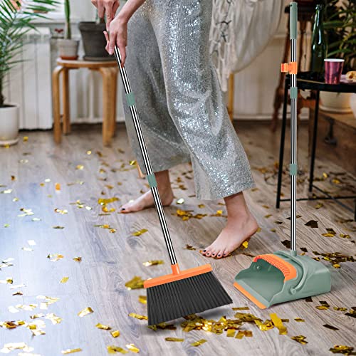 Chouqing Broom and Dustpan Set for Home,Broom and Dustpan Set,Broom Dustpan Set, Broom and Dustpan Combo for Office, Stand Up Broom and Dustpan (Green&Orange)