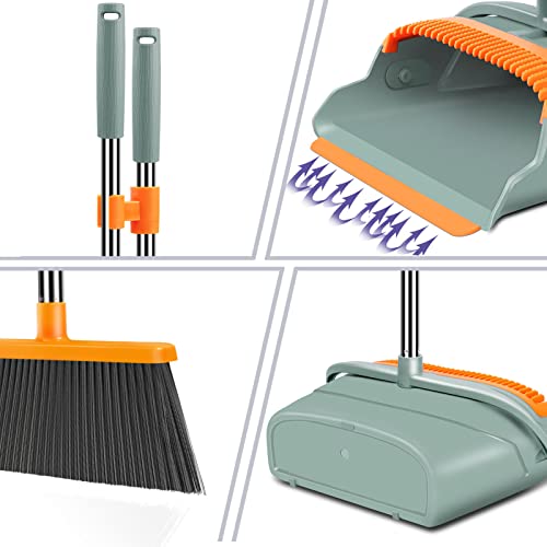 Chouqing Broom and Dustpan Set for Home,Broom and Dustpan Set,Broom Dustpan Set, Broom and Dustpan Combo for Office, Stand Up Broom and Dustpan (Green&Orange)