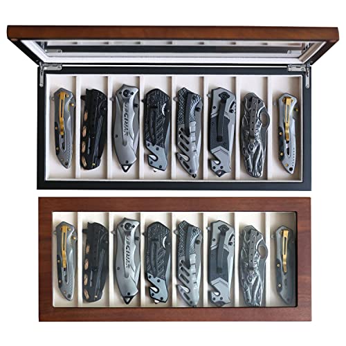 Besforu Knife Display Case Organizer storage 8 pocket knives, Folding Knife Holder with Real Glass Window Top， Pocket knife collection box for men gift (Walnut Veneer 8 slot)