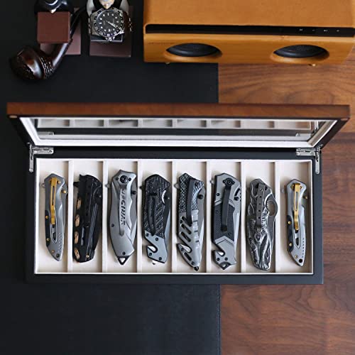 Besforu Knife Display Case Organizer storage 8 pocket knives, Folding Knife Holder with Real Glass Window Top， Pocket knife collection box for men gift (Walnut Veneer 8 slot)