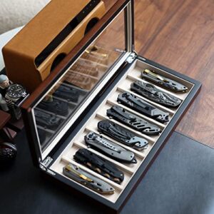 Besforu Knife Display Case Organizer storage 8 pocket knives, Folding Knife Holder with Real Glass Window Top， Pocket knife collection box for men gift (Walnut Veneer 8 slot)