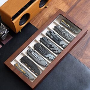 Besforu Knife Display Case Organizer storage 8 pocket knives, Folding Knife Holder with Real Glass Window Top， Pocket knife collection box for men gift (Walnut Veneer 8 slot)