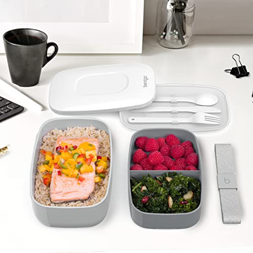 Bentgo Classic - All-in-One Stackable Bento Lunch Box Container - Modern Bento-Style Design Includes 2 Stackable Containers, Built-in Plastic Utensil Set, and Nylon Sealing Strap (Gray)