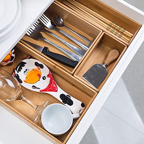 PRATIQUE Bamboo Drawer Organizer - Kitchen Utensil Organizer Silverware Tray Cutlery Holder，Office Desk Supplies and Accessories (12x3x2.6 inch)