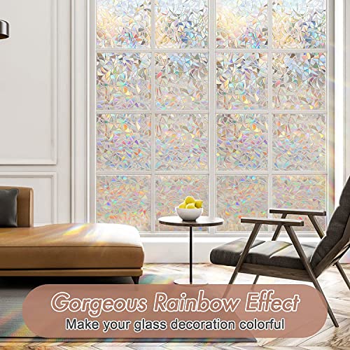 Haton Window Privacy Film Rainbow Static Cling Stained Glass Film Window Covering Sticker Non-Adhesive Removable Reflective Window Vinyl, Anti-UV Sun Blocker Heat Control for Home, 17.5 x 78.7 inches