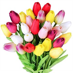 28 Pcs Multicolor Tulips Artificial Flowers Faux Tulip Stems Real Feel PU Tulips for Easter Spring Wreath Wedding Bouquet Centerpiece Floral Arrangement Cemetery Table Décor 14" Tall