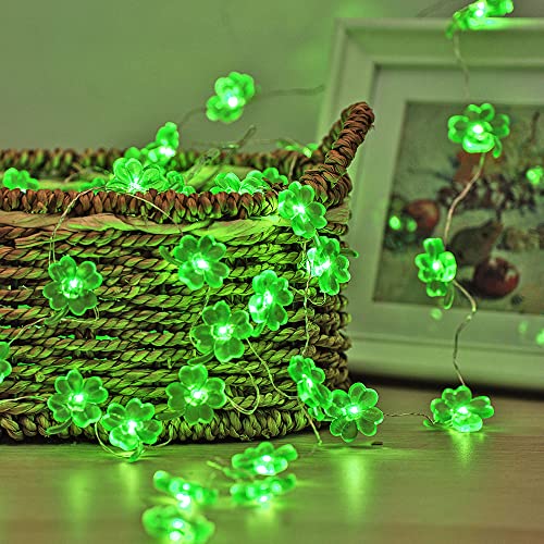 BOHON Decorative Lights Shamrocks LED String Lights Battery Operated with Remote 10 ft 40 LEDs Lucky Clover Handmade String Lights for Bedroom Party Feast of St. Patrick's Day Green Decoration