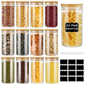 glass jars with bamboo lids,12 pack spice jars with bamboo lids,10oz (300ml) glass storage jars,glass canisters with wood airtight lids,labels,glass storage containers for food,beans,candy,spice