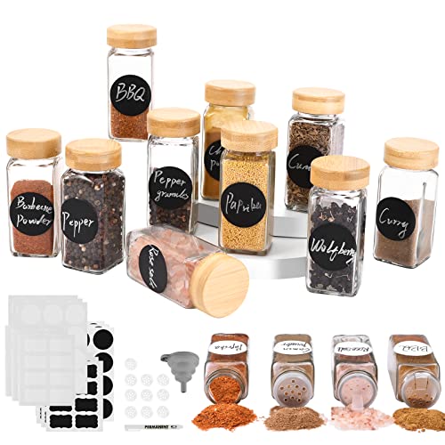 Akoatail 12 Spice Jars with Labels, 4oz Square Glass Spice Jars with Airtight Bamboo Lids and Shaker Lids, Cooking Spice Containers, Seasoning Jars Bottles Set for Spice Rack Cabinet Drawer