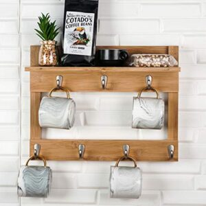 encozy coffee mug wall rack, holder, and organizer – 7 hooks mug with shelf for your favorite mugs – adds charm to any kitchen or office décor (bamboo)