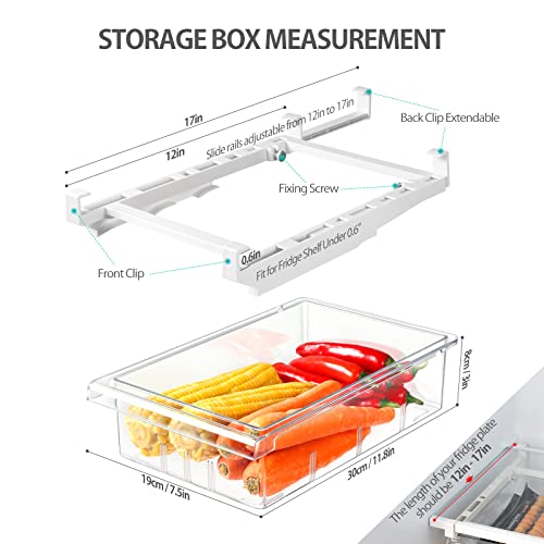 Mallyu Refrigerator Drawers, 2 Pack Fridge Drawer Organizer, Sturdy Pull Out Hanging Refrigerator Organizer Bins with Handle for Fridge Shelf Under 0.6", Storage Box for Snacks Egg Fruit Vegetable