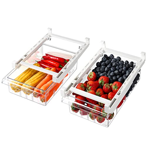 Mallyu Refrigerator Drawers, 2 Pack Fridge Drawer Organizer, Sturdy Pull Out Hanging Refrigerator Organizer Bins with Handle for Fridge Shelf Under 0.6", Storage Box for Snacks Egg Fruit Vegetable