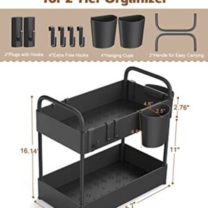 FURTIME Under Sink Organizer, 2 Tier Kitchen Under Sink Storage Bathroom Countertop Organizer with 6 Hooks 2 Hanging Cups and Anti-Foot for Bathroom Kitchen Spice Makeup Cosmetics Vanity Narrow Space