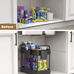 FURTIME Under Sink Organizer, 2 Tier Kitchen Under Sink Storage Bathroom Countertop Organizer with 6 Hooks 2 Hanging Cups and Anti-Foot for Bathroom Kitchen Spice Makeup Cosmetics Vanity Narrow Space