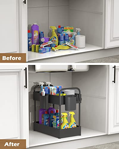 FURTIME Under Sink Organizer, 2 Tier Kitchen Under Sink Storage Bathroom Countertop Organizer with 6 Hooks 2 Hanging Cups and Anti-Foot for Bathroom Kitchen Spice Makeup Cosmetics Vanity Narrow Space