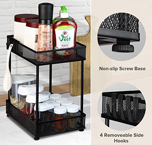 SZJHXIN Under Sink Organizer and Storage, Bathroom Cabinet Organizer, 2 Tier Metal Cabinet Basket Organizer Drawer with 4 Hooks (Black)