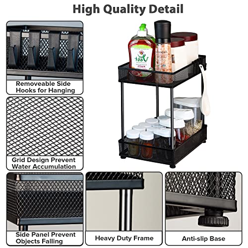 SZJHXIN Under Sink Organizer and Storage, Bathroom Cabinet Organizer, 2 Tier Metal Cabinet Basket Organizer Drawer with 4 Hooks (Black)