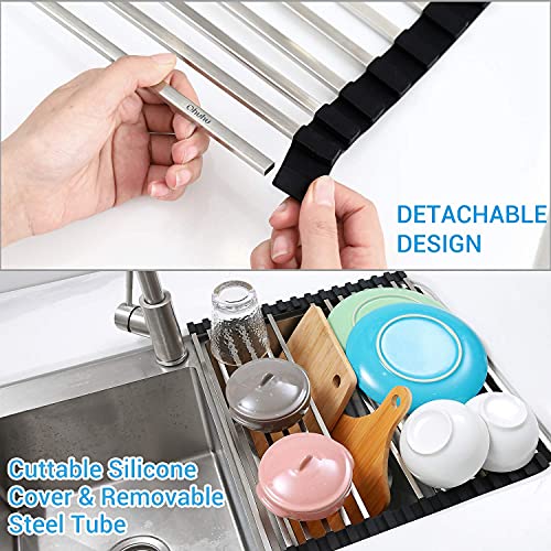 Sink Drying Rack Black Roll Up, Ohuhu 17.6" L x 15" W Over the Sink Dish Drying Rack Unique Square Tubes Stainless Steel Rolling Dish Drainers Heat-Resistant for Kitchen Counter Organizer Space Saving