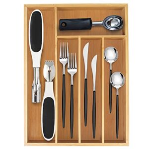 bamboo kitchen drawer organizer,silverware utensil cutlery tray, drawer divider with 5 compartments,13.5″ x 10″ x 2.4″