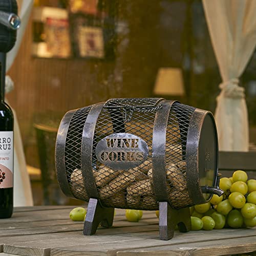 Rustic Metal Large Barrel Wine Cork Holder Display On Wooden Stand, Wine Lover Gift, Housewarming Gift, Home Bar Decor, Wine Gift, Engagement Gift, Kitchen Decor