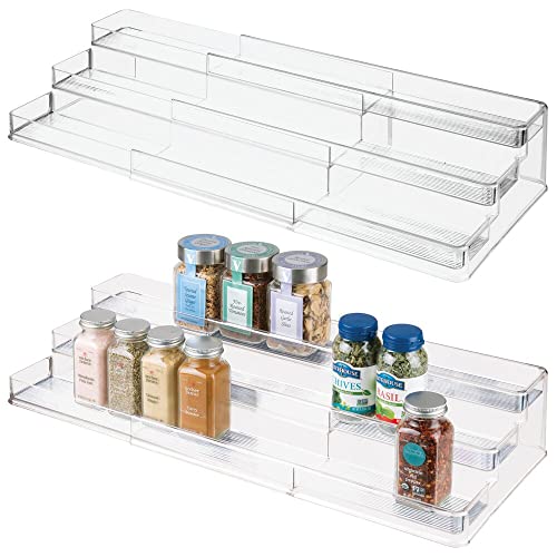 mDesign Plastic Shelf Adjustable & Expandable Spice Rack Organizer with 3 Tiers of Storage for Kitchen, Cabinet, Pantry Organization - Holds Spice Bottles, Seasonings - Ligne Collection, 2 Pack, Clear