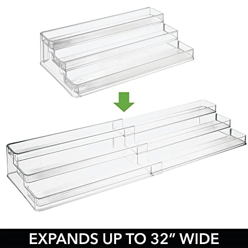 mDesign Plastic Shelf Adjustable & Expandable Spice Rack Organizer with 3 Tiers of Storage for Kitchen, Cabinet, Pantry Organization - Holds Spice Bottles, Seasonings - Ligne Collection, 2 Pack, Clear