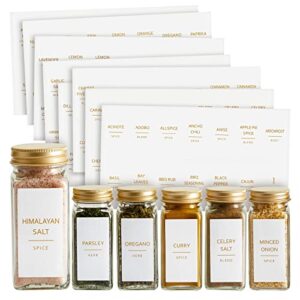 140 pieces gold spice jar labels, minimalist preprinted all caps text on white stickers for seasonings, herbs, kitchen organization (water resistant)