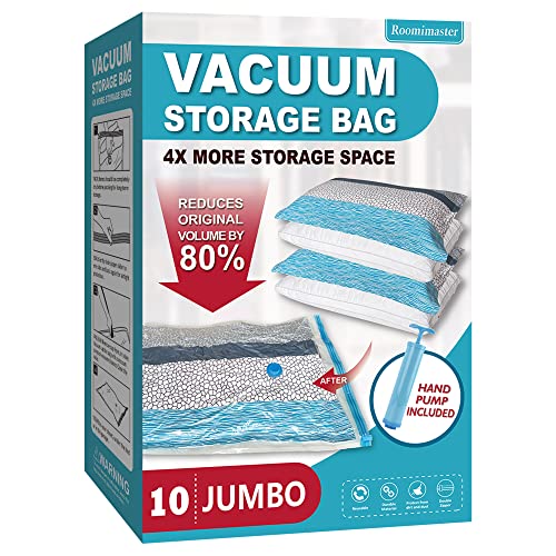 Vacuum Storage Bags, 10 Jumbo Space Saver Bags Vacuum Seal Bags with Pump, Space Bags, Vacuum Sealer Bags for Clothes, Comforters, Blankets, Bedding