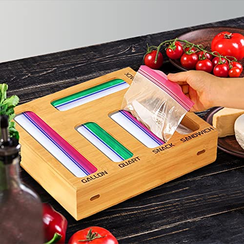 HomeOrganize Ziplock Bag Storage & Wrap Dispenser with Cutter,Clips Box & Labels for Kitchen Drawer & Wall,9 in 1 Bamboo Organizer for Gallon, Quart, Snack Bags & Plastic, Aluminum Foil, Wax 12" Roll.