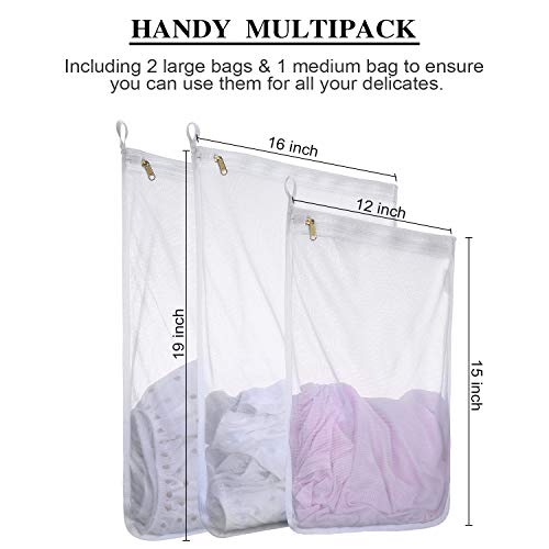 RoomyRoc Mesh Laundry Bag for Delicates with YKK Zipper, Mesh Wash Bag, Travel Storage Organize Bag, Clothing Washing Bags for Laundry, Travel Laundry Bag (White, 2 Large & 1 Medium)