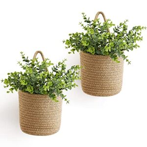 dahey 2 pack wall hanging rope basket with artificial eucalyptus farmhouse decor, jute woven storage organizer flower plants basket set rustic wall decor for porch living room bedroom entryway,brown