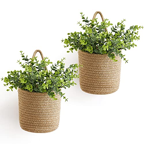 Dahey 2 Pack Wall Hanging Rope Basket with Artificial Eucalyptus Farmhouse Decor, Jute Woven Storage Organizer Flower Plants Basket Set Rustic Wall Decor for Porch Living Room Bedroom Entryway,Brown