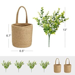 Dahey 2 Pack Wall Hanging Rope Basket with Artificial Eucalyptus Farmhouse Decor, Jute Woven Storage Organizer Flower Plants Basket Set Rustic Wall Decor for Porch Living Room Bedroom Entryway,Brown