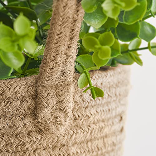 Dahey 2 Pack Wall Hanging Rope Basket with Artificial Eucalyptus Farmhouse Decor, Jute Woven Storage Organizer Flower Plants Basket Set Rustic Wall Decor for Porch Living Room Bedroom Entryway,Brown