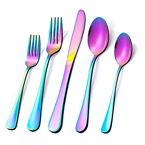 Rainbow Silverware Flatware Set for 8, 40 piece Stainless Steel Colorful Cutlery With Titanium Plated, Tableware Kitchen Eating Utensil Set Include Knife/Fork/Spoon, Mirror Polished, Dishwasher Safe