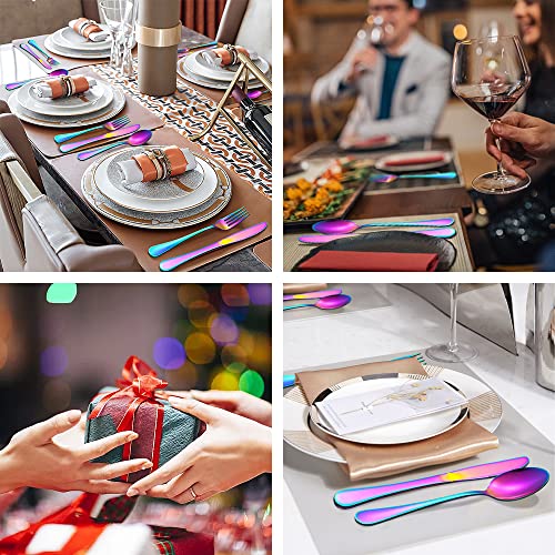 Rainbow Silverware Flatware Set for 8, 40 piece Stainless Steel Colorful Cutlery With Titanium Plated, Tableware Kitchen Eating Utensil Set Include Knife/Fork/Spoon, Mirror Polished, Dishwasher Safe