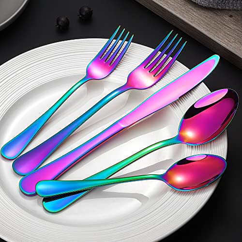 Rainbow Silverware Flatware Set for 8, 40 piece Stainless Steel Colorful Cutlery With Titanium Plated, Tableware Kitchen Eating Utensil Set Include Knife/Fork/Spoon, Mirror Polished, Dishwasher Safe