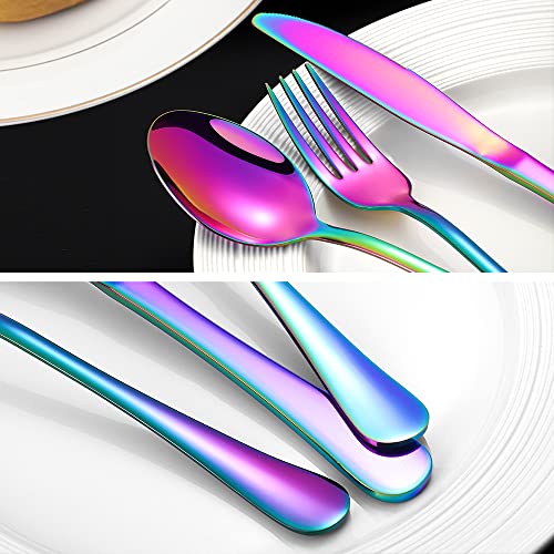 Rainbow Silverware Flatware Set for 8, 40 piece Stainless Steel Colorful Cutlery With Titanium Plated, Tableware Kitchen Eating Utensil Set Include Knife/Fork/Spoon, Mirror Polished, Dishwasher Safe