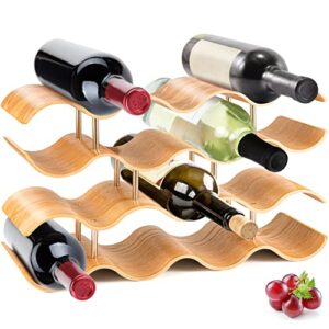 serenelife bamboo wine rack-4 tier countertop shelf with slots that holds 14 bottles, unique stackable wooden holder, save space for cabinet, kitchen and pantry, modern contemporary wave design