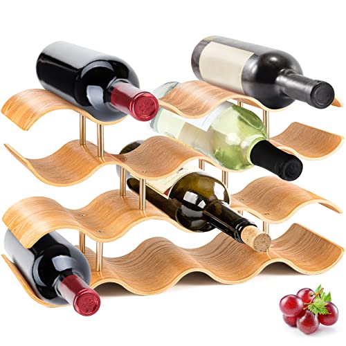 SereneLife Bamboo Wine Rack-4 Tier Countertop Shelf with Slots That Holds 14 Bottles, Unique Stackable Wooden Holder, Save Space for Cabinet, Kitchen and Pantry, Modern Contemporary Wave Design